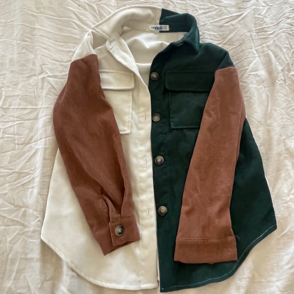 SHEIN Girls Color Block Button Through Flap Pocket Corduroy Coat